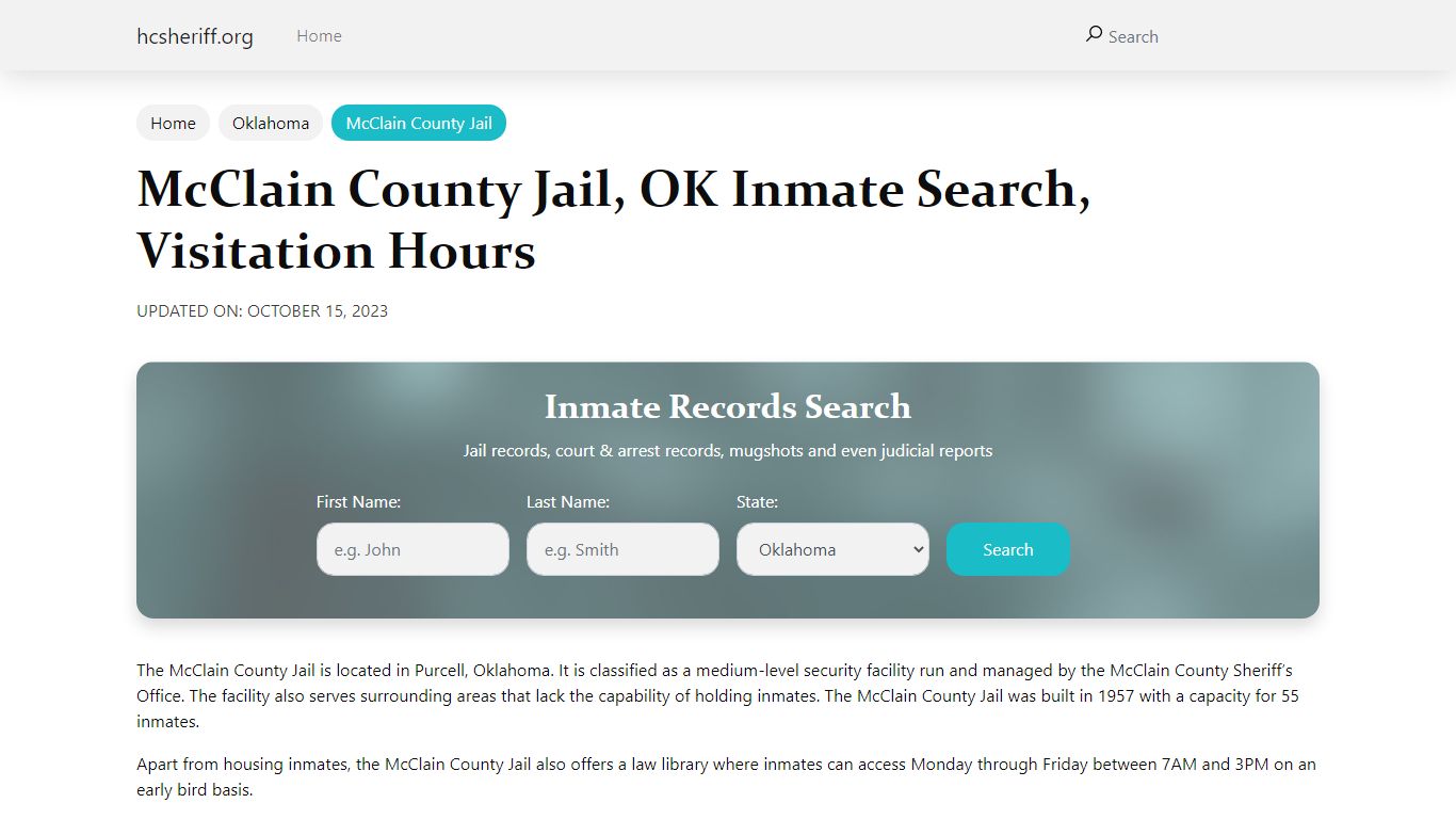 McClain County Jail, OK Inmate Search, Visitation Hours